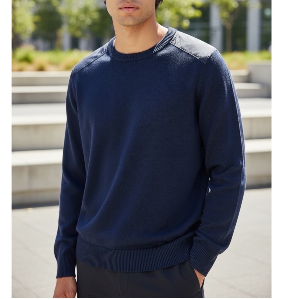 COOFANDY Mens Knit Pullover Sweater Navy Contrast Shoulder Patch Crew Neck XL